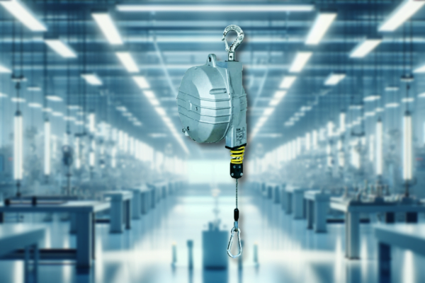 Industrial tool balancer hanging above a workbench